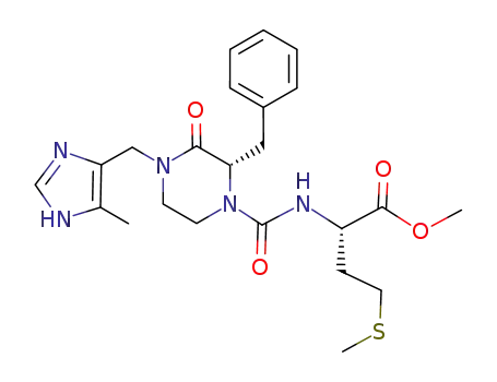 Molecular Structure of 501010-07-7 (L-Methionine,
N-[[(2S)-4-[(5-methyl-1H-imidazol-4-yl)methyl]-3-oxo-2-(phenylmethyl)-1
-piperazinyl]carbonyl]-, methyl ester)