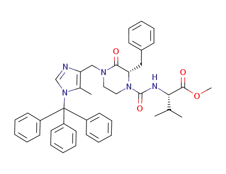 Molecular Structure of 500782-86-5 (L-Valine,
N-[[(2S)-4-[[5-methyl-1-(triphenylmethyl)-1H-imidazol-4-yl]methyl]-3-oxo-
2-(phenylmethyl)-1-piperazinyl]carbonyl]-, methyl ester)