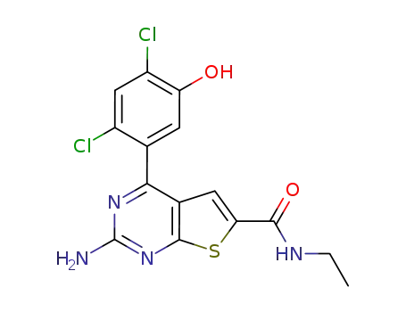 Molecular Structure of 847559-68-6 (Thieno[2,3-d]pyrimidine-6-carboxamide,
2-amino-4-(2,4-dichloro-5-hydroxyphenyl)-N-ethyl-)