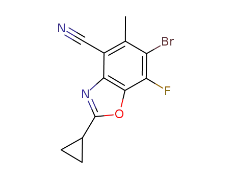 Molecular Structure of 927389-32-0 (4-Benzoxazolecarbonitrile, 6-bromo-2-cyclopropyl-7-fluoro-5-methyl-)