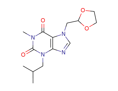Molecular Structure of 132560-19-1 (7-(1,3-dioxolan-2-ylmethyl)-1-methyl-3-(2-methylpropyl)-3,7-dihydro-1H-purine-2,6-dione)
