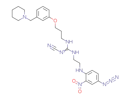 Molecular Structure of 140873-16-1 (Guanidine,
N-[2-[(4-azido-2-nitrophenyl)amino]ethyl]-N'-cyano-N''-[3-[3-(1-piperidin
ylmethyl)phenoxy]propyl]-)