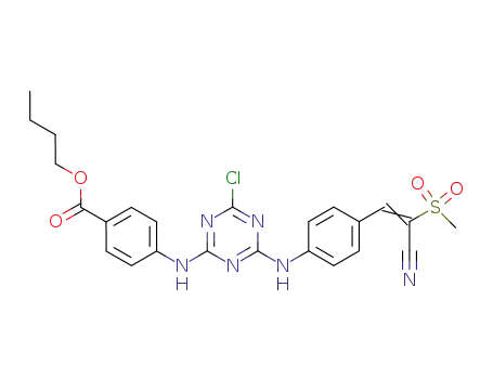 Molecular Structure of 803699-13-0 (Benzoic acid,
4-[[4-chloro-6-[[4-[2-cyano-2-(methylsulfonyl)ethenyl]phenyl]amino]-1,3,5
-triazin-2-yl]amino]-, butyl ester)