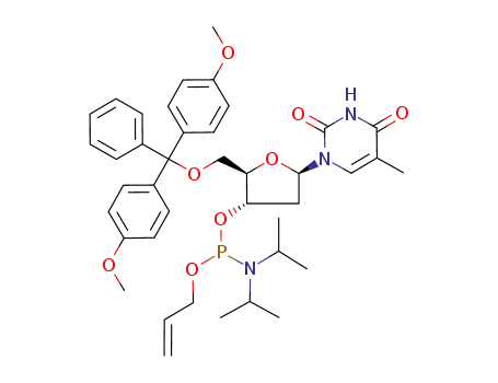 Molecular Structure of 104655-82-5 (Thymidine, 5'-O-[bis(4-methoxyphenyl)phenylmethyl]-, 3'-[2-propenyl
bis(1-methylethyl)phosphoramidite])