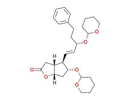 Molecular Structure of 69610-63-5 ((3aR,4R,5R,6aS)-4-((3S,E)-5-phenyl-3-(tetrahydro-2H-pyran-2-yloxy)pent-1-enyl)-5-(tetrahydro-2H-pyran-2-yloxy)hexahydro-2H-cyclopenta[b]furan-2-one)