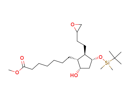 Molecular Structure of 221629-44-3 (Cyclopentaneheptanoic acid,
3-[[(1,1-dimethylethyl)dimethylsilyl]oxy]-5-hydroxy-2-(2-oxiranylethyl)-,
methyl ester, (1R,2R,3R,5S)-)