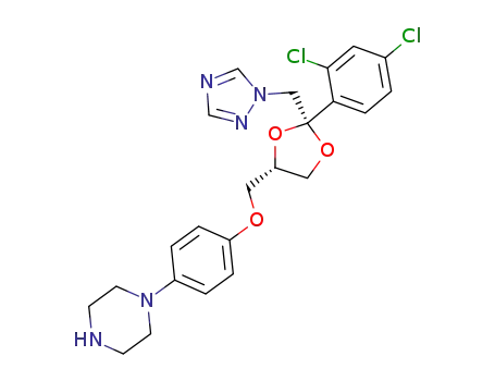 Molecular Structure of 67915-50-8 (Piperazine,
1-[4-[[2-(2,4-dichlorophenyl)-2-(1H-1,2,4-triazol-1-ylmethyl)-1,3-dioxolan
-4-yl]methoxy]phenyl]-, cis-)