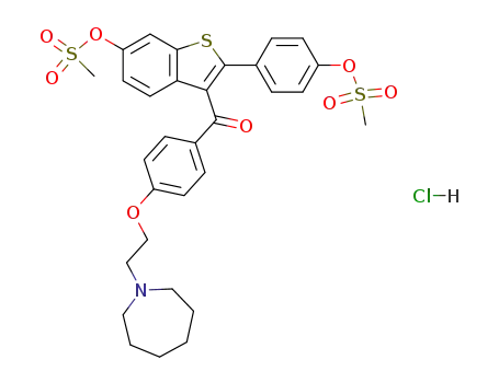 Molecular Structure of 84449-72-9 (Methanone,
[4-[2-(hexahydro-1H-azepin-1-yl)ethoxy]phenyl][6-[(methylsulfonyl)oxy]-2
-[4-[(methylsulfonyl)oxy]phenyl]benzo[b]thien-3-yl]-, hydrochloride)