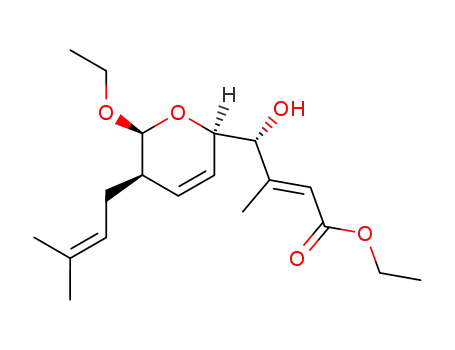 Molecular Structure of 848188-00-1 (2-Butenoic acid,
4-[(2R,5R,6S)-6-ethoxy-5,6-dihydro-5-(3-methyl-2-butenyl)-2H-pyran-2-
yl]-4-hydroxy-3-methyl-, ethyl ester, (2E,4R)-)