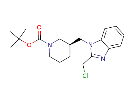 Molecular Structure of 876590-08-8 (1-Piperidinecarboxylic acid,
3-[[2-(chloromethyl)-1H-benzimidazol-1-yl]methyl]-, 1,1-dimethylethyl
ester, (3R)-)