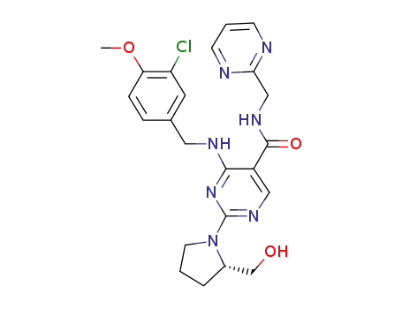 Molecular Structure of 330784-47-9 (5-Pyrimidinecarboxamide,4-[[(3-chloro-4-methoxyphenyl)methyl]amino]-2-[(2S)-2-(hydroxymethyl)-1-pyrrolidinyl]-N-(2-pyrimidinylmethyl)-)