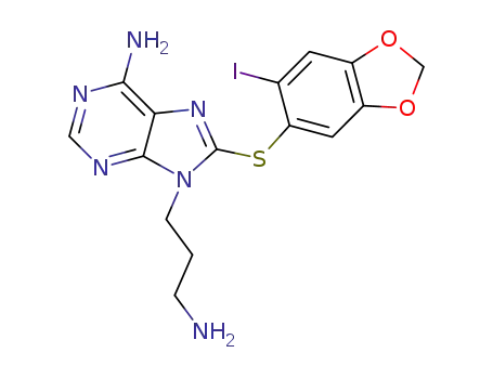 Molecular Structure of 1333155-97-7 (9-(3-aminopropyl)-8-((6-iodobenzo[d][1,3]dioxol-5-yl)thio)-9H-purin-6-amine)