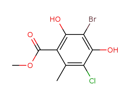 Molecular Structure of 105427-88-1 (Benzoic acid, 3-bromo-5-chloro-2,4-dihydroxy-6-methyl-, methyl ester)