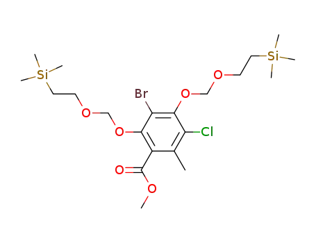 Molecular Structure of 105427-90-5 (Benzoic acid,
3-bromo-5-chloro-6-methyl-2,4-bis[[2-(trimethylsilyl)ethoxy]methoxy]-,
methyl ester)