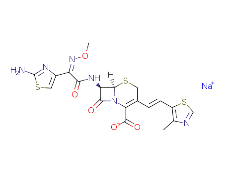 Molecular Structure of 104146-16-9 (5-Thia-1-azabicyclo[4.2.0]oct-2-ene-2-carboxylic acid,
7-[[(2Z)-(2-amino-4-thiazolyl)(methoxyimino)acetyl]amino]-3-[(1E)-2-(4-
methyl-5-thiazolyl)ethenyl]-8-oxo-, monosodium salt, (6R,7R)-)
