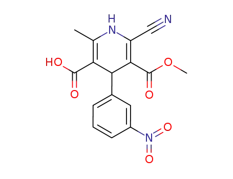 Molecular Structure of 113201-61-9 (3,5-Pyridinedicarboxylic acid,
2-cyano-1,4-dihydro-6-methyl-4-(3-nitrophenyl)-, 3-methyl ester)