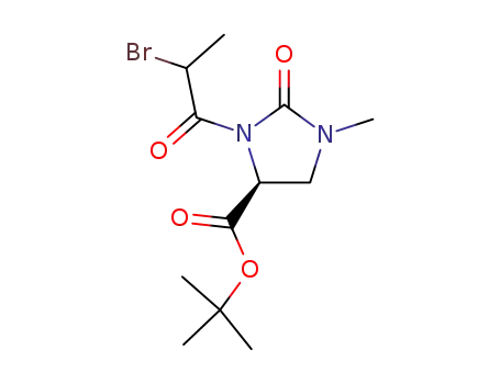 Molecular Structure of 195828-75-2 (4-Imidazolidinecarboxylic acid,
3-(2-bromo-1-oxopropyl)-1-methyl-2-oxo-, 1,1-dimethylethyl ester, (4S)-)