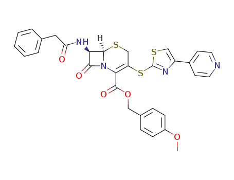Molecular Structure of 189345-50-4 (5-Thia-1-azabicyclo[4.2.0]oct-2-ene-2-carboxylic acid,
8-oxo-7-[(phenylacetyl)amino]-3-[[4-(4-pyridinyl)-2-thiazolyl]thio]-,
(4-methoxyphenyl)methyl ester, (6R,7R)-)
