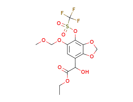 Molecular Structure of 874758-54-0 (1,3-Benzodioxole-4-acetic acid, α-hydroxy-6-(methoxymethoxy)-7-[[(trifluoromethyl)sulfonyl]oxy]-, ethyl ester)