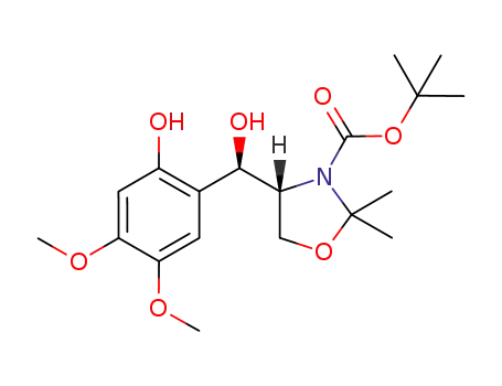 Molecular Structure of 925703-87-3 (3-Oxazolidinecarboxylic acid,
4-[(R)-hydroxy(2-hydroxy-4,5-dimethoxyphenyl)methyl]-2,2-dimethyl-,
1,1-dimethylethyl ester, (4R)-)