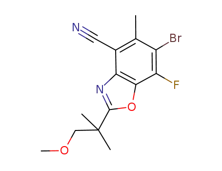 Molecular Structure of 927389-91-1 (4-Benzoxazolecarbonitrile,
6-bromo-7-fluoro-2-(2-methoxy-1,1-dimethylethyl)-5-methyl-)