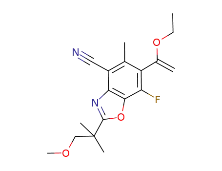 Molecular Structure of 927389-93-3 (4-Benzoxazolecarbonitrile,
6-(1-ethoxyethenyl)-7-fluoro-2-(2-methoxy-1,1-dimethylethyl)-5-methyl-)