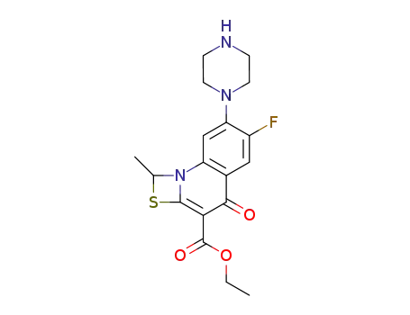Molecular Structure of 113028-17-4 (Ethyl 6-fluoro-1-methyl-4-oxo-7-(1-piprazinyl)-4H-[1,3]thiazeto[3,2-a]quinoline-3-carboxylate)