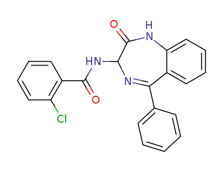 Molecular Structure of 103373-17-7 (Benzamide,
2-chloro-N-(2,3-dihydro-2-oxo-5-phenyl-1H-1,4-benzodiazepin-3-yl)-)