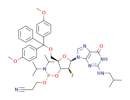 Diisopropyl-phosphoramidous acid (2R,3R,4S,5R)-2-[bis-(4-methoxy-phenyl)-phenyl-methoxymethyl]-4-fluoro-5-(2-isobutylamino-6-oxo-1,6-dihydro-purin-9-yl)-tetrahydro-furan-3-yl ester 2-cyano-ethyl ester