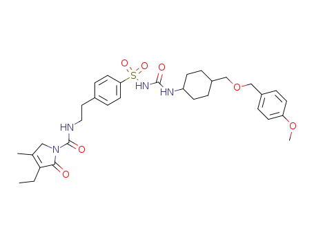 Molecular Structure of 599174-28-4 (1H-Pyrrole-1-carboxamide,
3-ethyl-2,5-dihydro-N-[2-[4-[[[[[4-[(4-methoxyphenyl)methoxy]cyclohexyl]
amino]carbonyl]amino]sulfonyl]phenyl]ethyl]-4-methyl-2-oxo-)