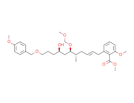 Molecular Structure of 825612-59-7 (Benzoic acid,
2-[(2E,5S,6R,8R)-8-hydroxy-6-(methoxymethoxy)-11-[(4-methoxyphenyl
)methoxy]-5-methyl-2-undecenyl]-6-methoxy-, methyl ester)