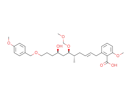 Molecular Structure of 825612-60-0 (Benzoic acid,
2-[(2E,5S,6R,8R)-8-hydroxy-6-(methoxymethoxy)-11-[(4-methoxyphenyl
)methoxy]-5-methyl-2-undecenyl]-6-methoxy-)