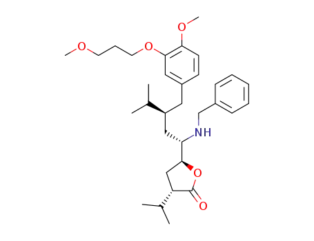 Molecular Structure of 361460-40-4 (2(3H)-Furanone, dihydro-5-[(1S,3S)-3-[[4-Methoxy-3-(3-Methoxypropoxy)phenyl]Methyl]-4-Methyl-1-[(phenylMethyl)aMino]pentyl]-3-(1-Methylethyl)-, (3S,5S)-)