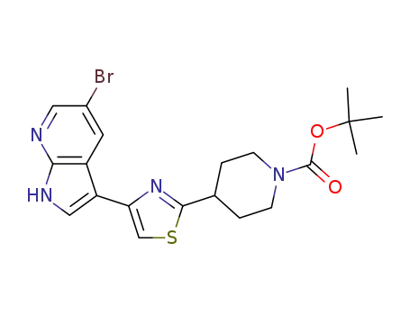 Molecular Structure of 1046793-76-3 (4-[4-(5-Bromo-1H-pyrrolo[2,3-b]pyridin-3-yl)-thiazol-2-yl]-piperidine-1-carboxylic acid tert-butyl ester)
