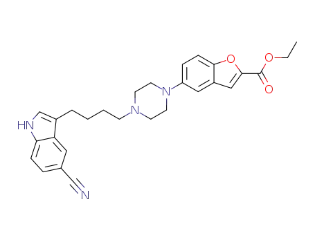 Molecular Structure of 163521-11-7 (2-Benzofurancarboxylic acid, 5-[4-[4-(5-cyano-1H-indol-3-yl)butyl]-1-piperazinyl]-, ethyl ester)