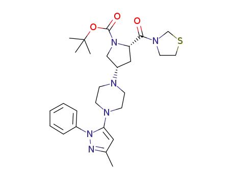 Molecular Structure of 401566-80-1 ((2S,4S)-4-[4-(3-Methyl-1-phenyl-1H-pyrazol-5-yl)-1-piperazinyl]-2-(3-thiazolidinylcarbonyl)-1-pyrrolidinecarboxylic acid tert-butyl ester)