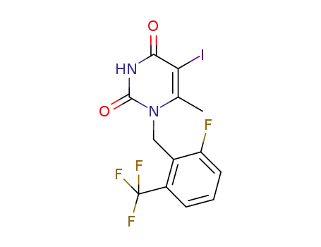 Molecular Structure of 1150560-54-5 (1-[2-Fluoro-6-(trifluoromethyl)benzyl]-5-iodo-6-methylpyrimidine-2,4(1H,3H)-dione)