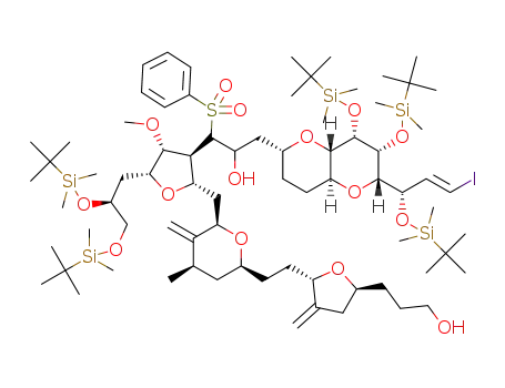 3-{(2S,5S)-5-[2-((2S,4R,6R)-6-{[(2S,3S,4R,5R)-3-[(1RS,2RS)-3-[(2R,4aS,6S,7R,8S,8aS)-7,8-bis{[tert-butyl(dimethyl)silyl]oxy}-6-((1S,2E)-1-{[tert-butyl(dimethyl)silyl]oxy}-3-iodoprop-2-en-1-yl)octahydropyrano[3,2-b]pyran-2-yl]-2-hydroxy-1-(phenylsulfonyl)propyl]-5-((2S)-2,3-bis{[tert-butyl(dimethyl)silyl]oxy}propyl)-4-methoxytetrahydrofuran-2-yl]methyl}-4-methyl-5-methylenetetrahydro-2H-pyran-2-yl)ethyl]-4-methylenetetrahydrofuran-2-yl}propan-1-ol