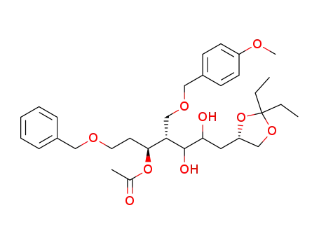 Acetic acid (1S,2R)-1-(2-benzyloxy-ethyl)-5-((S)-2,2-diethyl-[1,3]dioxolan-4-yl)-3,4-dihydroxy-2-(4-methoxy-benzyloxymethyl)-pentyl ester