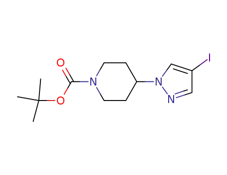 Molecular Structure of 877399-73-0 (1-Piperidinecarboxylic  acid,  4-(4-iodo-1H-pyrazol-1-yl)-,  1,1-dimethylethyl  ester)