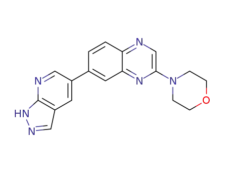 Molecular Structure of 1083320-98-2 (Quinoxaline, 2-(4-morpholinyl)-7-(1H-pyrazolo[3,4-b]pyridin-5-yl)-)