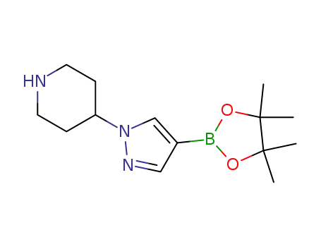 Molecular Structure of 1175708-03-8 (4-[4-(4,4,5,5-tetramethyl-1,3,2-dioxaborolan-2-yl)-1H-pyrazol-1-yl]Piperidine)