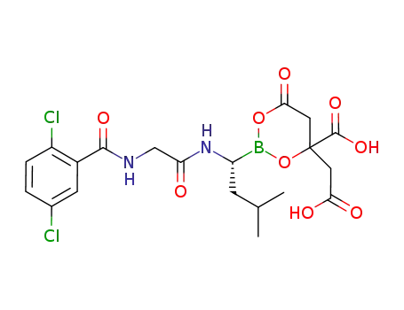 Molecular Structure of 1201902-80-8 (1,3,2-Dioxaborinane-4-acetic acid, 4-carboxy-2-[(1R)-1-[[2-[(2,5-dichlorobenzoyl)amino]acetyl]amino]-3-methylbutyl]-6-oxo-)