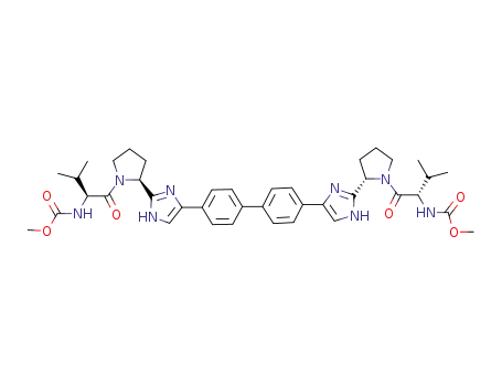 Molecular Structure of 1009119-64-5 (dimethyl (2S,2'S)-1,1'-((2S,2'S)-2,2'-(4,4'-(biphenyl-4,4'-diyl)bis(1H-imidazole-4,2-diyl))bis(pyrrolidine-2,1-diyl))bis(3-methyl-1-oxobutane-2,1-diyl)dicarbamate)