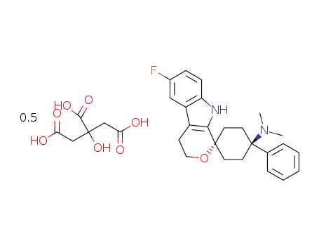 trans-6'-fluoro-4',9'-dihydro-N,N-dimethyl-4-phenyl-spiro[cyclohexane-1,1'(3'H)-pyrano[3,4-b]indol]-4-amine hemicitrate