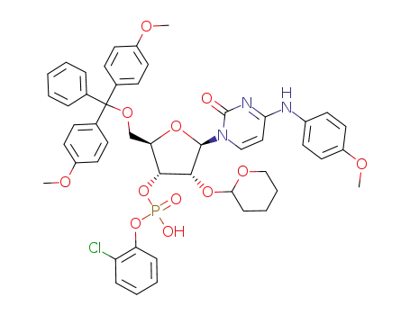 Phosphoric acid (2R,3R,4R,5R)-2-[bis-(4-methoxy-phenyl)-phenyl-methoxymethyl]-5-[4-(4-methoxy-phenylamino)-2-oxo-2H-pyrimidin-1-yl]-4-(tetrahydro-pyran-2-yloxy)-tetrahydro-furan-3-yl ester 2-chloro-phenyl ester
