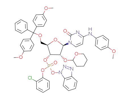 Phosphoric acid benzotriazol-1-yl ester (2R,3R,4R,5R)-2-[bis-(4-methoxy-phenyl)-phenyl-methoxymethyl]-5-[4-(4-methoxy-phenylamino)-2-oxo-2H-pyrimidin-1-yl]-4-(tetrahydro-pyran-2-yloxy)-tetrahydro-furan-3-yl ester 2-chloro-phenyl ester