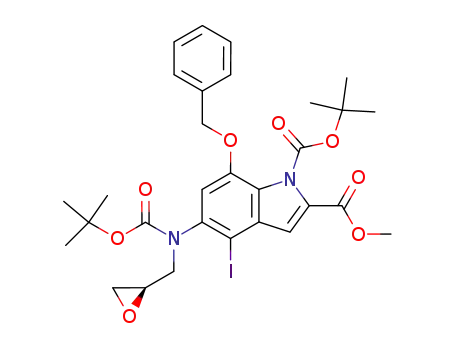 Molecular Structure of 919535-07-2 (1H-Indole-1,2-dicarboxylic acid,
5-[[(1,1-dimethylethoxy)carbonyl][(2R)-2-oxiranylmethyl]amino]-4-iodo-7
-(phenylmethoxy)-, 1-(1,1-dimethylethyl) 2-methyl ester)