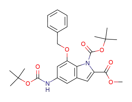 Molecular Structure of 539856-50-3 (1H-Indole-1,2-dicarboxylic acid,
5-[[(1,1-dimethylethoxy)carbonyl]amino]-7-(phenylmethoxy)-,
1-(1,1-dimethylethyl) 2-methyl ester)