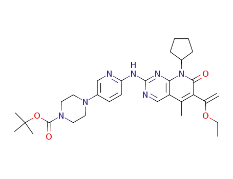 Molecular Structure of 571189-10-1 (4-{6-[8-CYCLOPENTYL-6-(1-ETHOXY-VINYL)-5-METHYL-7-OXO-7,8-DIHYDRO-PYRIDO[2,3-D]PYRIMIDIN-2-YLAMINO]-PYRIDIN-3-YL}-PIPERAZINE-1-CARBOXYLIC ACID TERT-BUTYL ESTER)